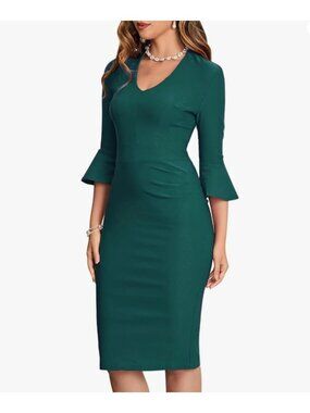 MUXXN 3/4 Bell Sleeve Pencil Dress V-Neck XL Green New Slim Fit